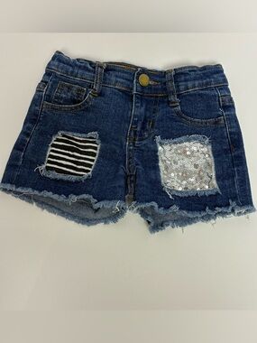 Girls Kids Size Small Jean Shorts Front Patches Striped Sequin